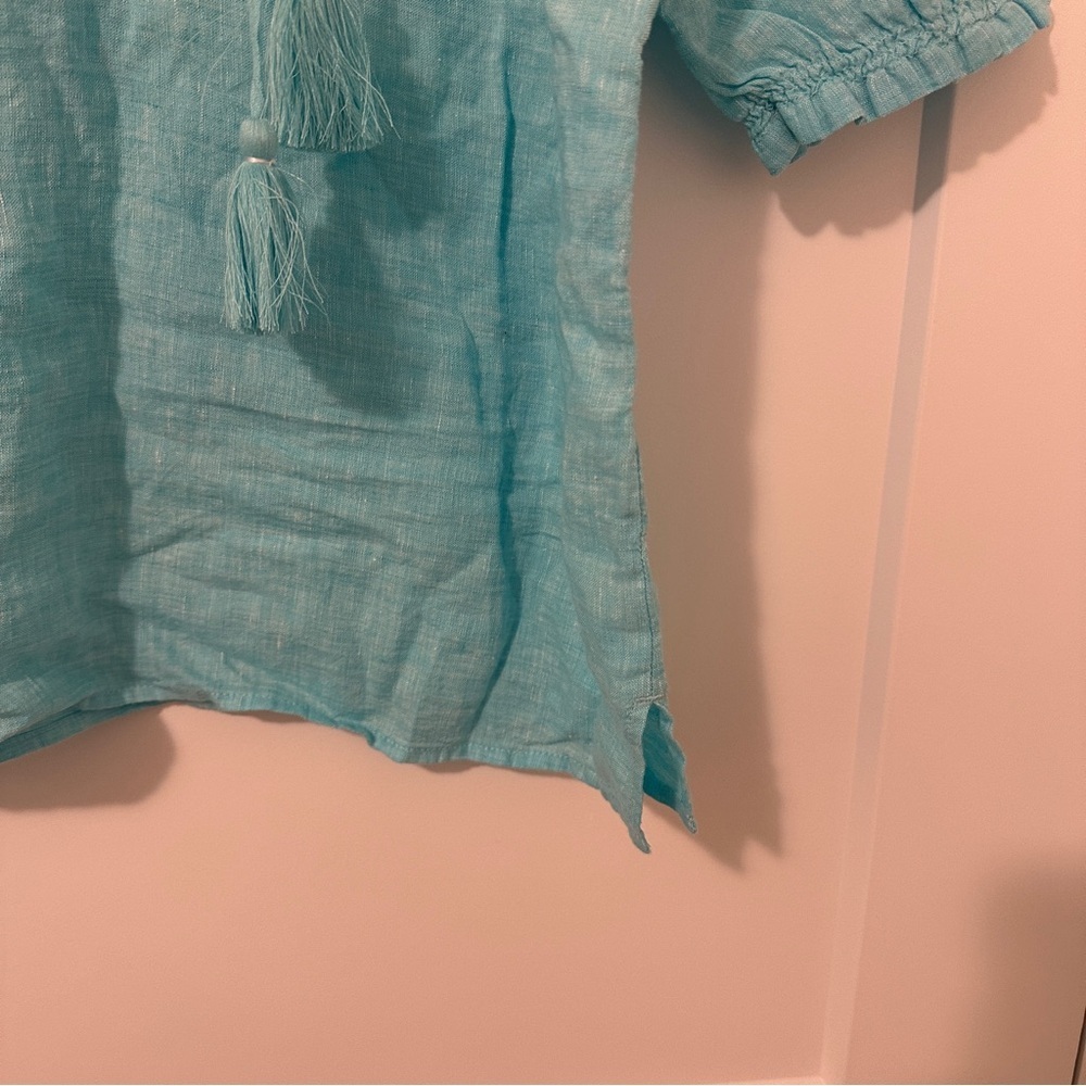 Talbots Aqua Blue Linen Peasant Tunic With Pleated Sleeves Size SP Women’s NWT - Picture 5 of 14